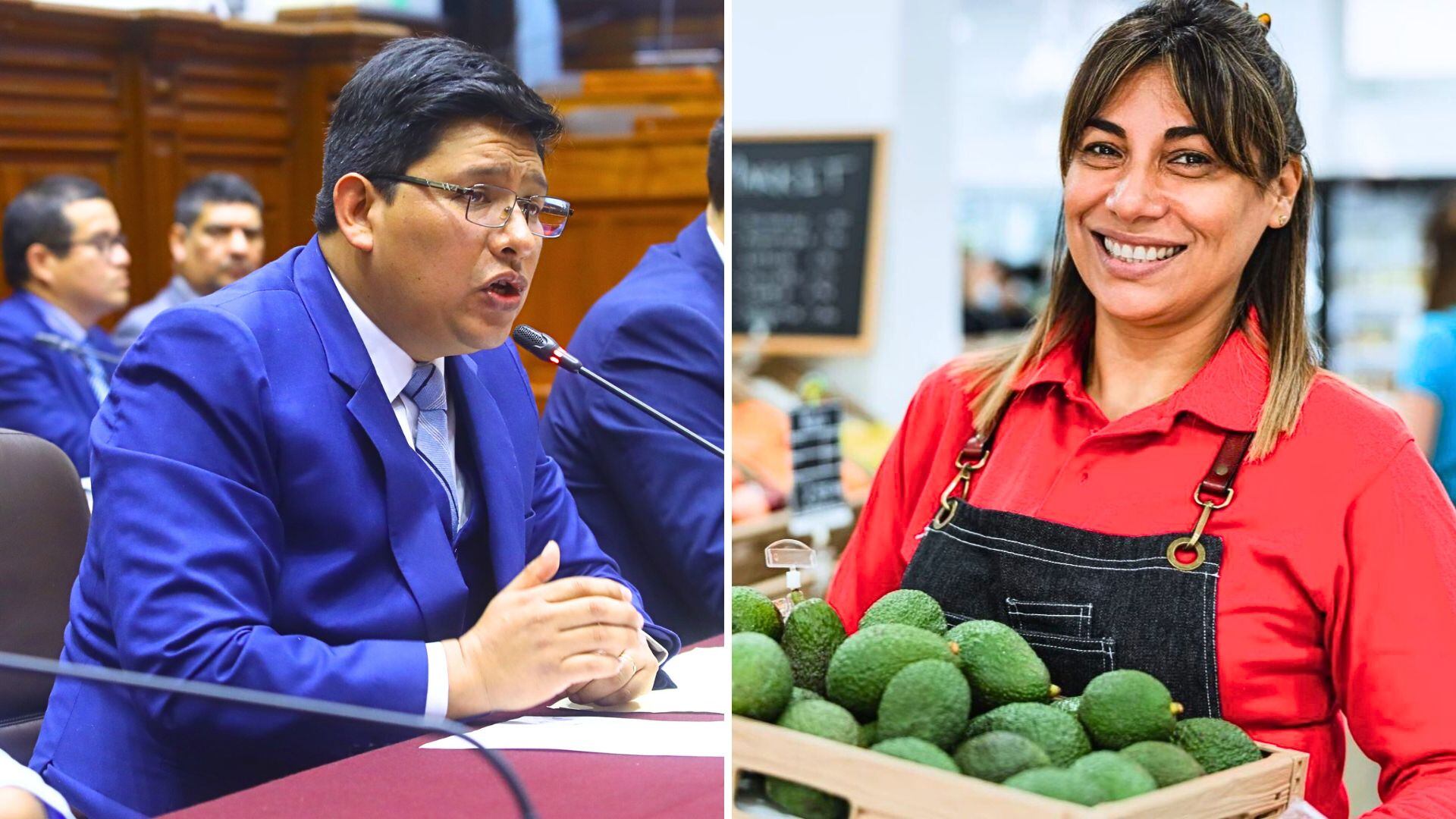 Ilich Lopez, presidente de la Comisión de Economía del Congreso, y foto de emprendedora con paltas