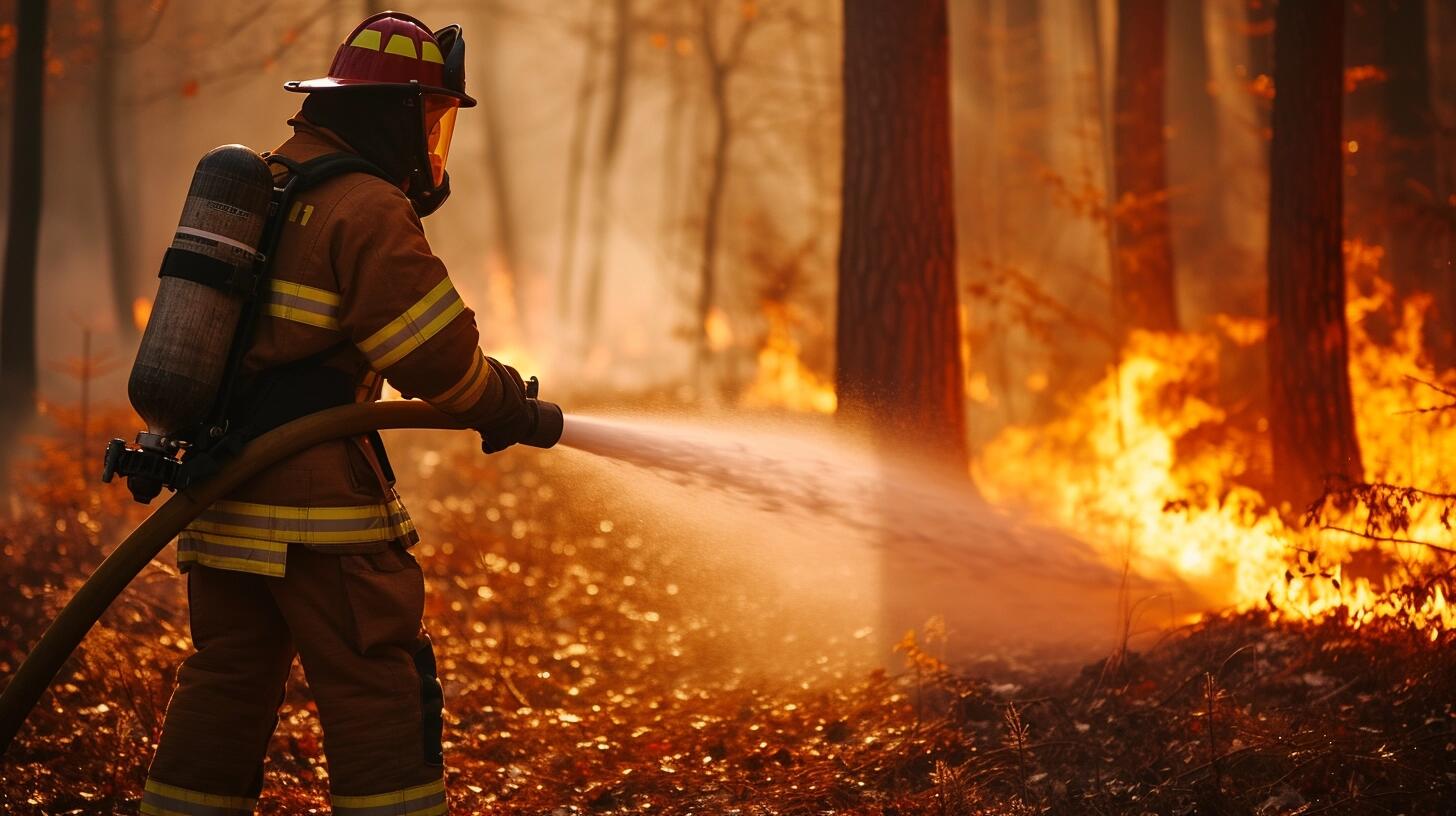 Profesional en extinción de incendios trabaja arduamente para apagar el fuego en una quema de bosque, evidenciando los efectos del calentamiento global y el cambio climático en la selva. (Imagen ilustrativa Infobae).