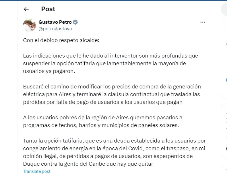 Gustavo Petro responde a mensaje de Alejandro Char - crédito @petrogustavo