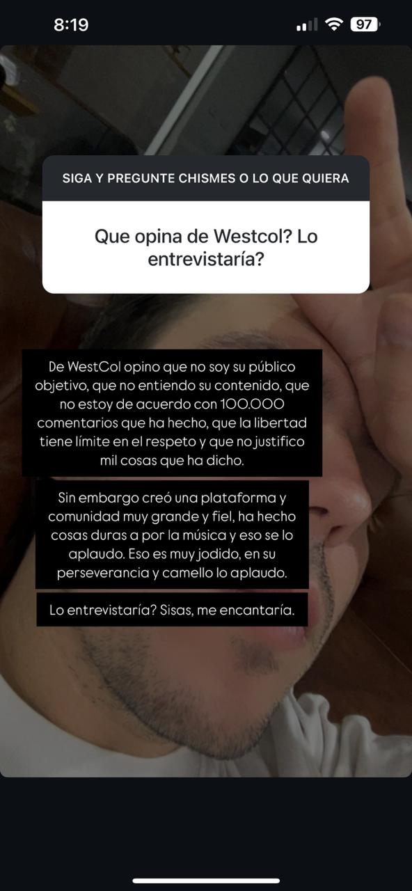 Roberto Cardona aseguró que está en desacuerdo con cosas que ha dicho Westcol, pero dijo que le gustaría entrevistarlo - crédito @roberto_cardona/IG