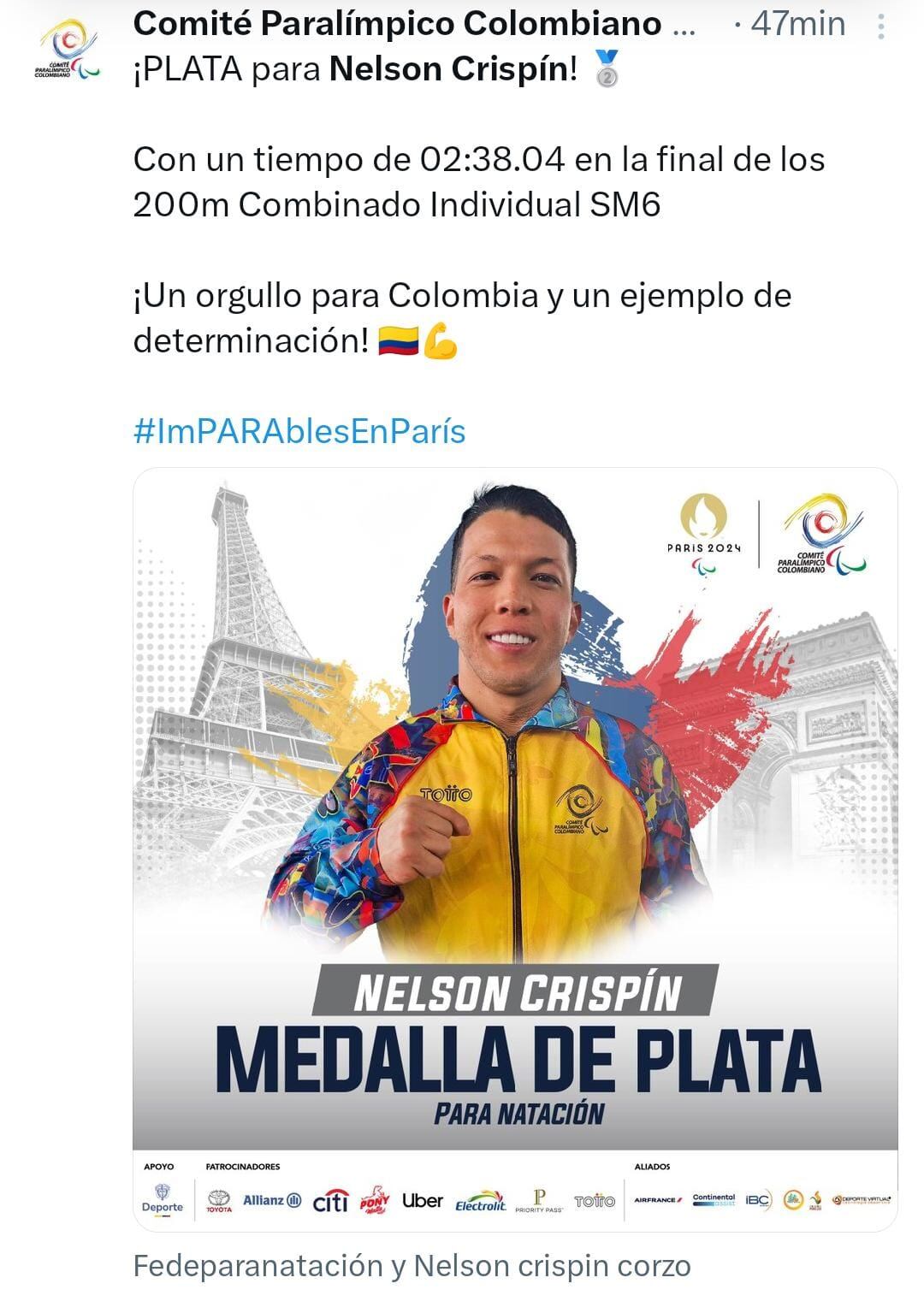 El nadador le entrego la tercera medalla a Colombia en los Juegos Paralímpicos de parís 2024 - crédito @COLParalimpico/X