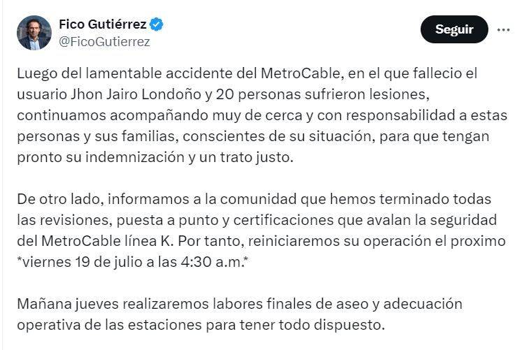 El Alcalde de Medellín, Federico Gutiérrez se pronunció en su cuenta de X - crédito @FicoGutierrez/X