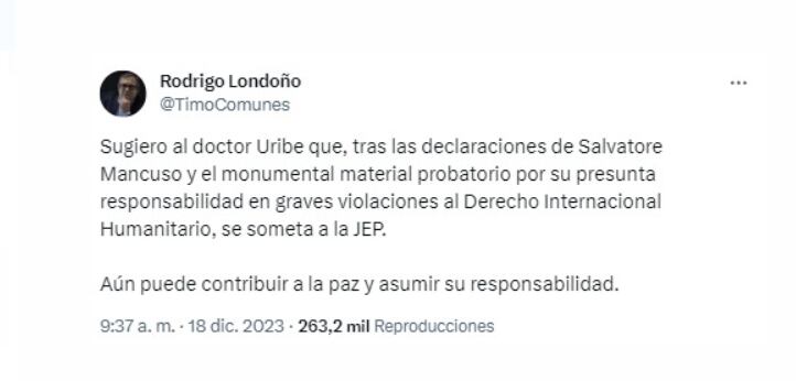 Rodrigo Londoño, líder de Comunes, reta a Álvaro Uribe a someterse a la Jurisdicción Especial para la Paz (JEP) - crédito @TimoComunes/X