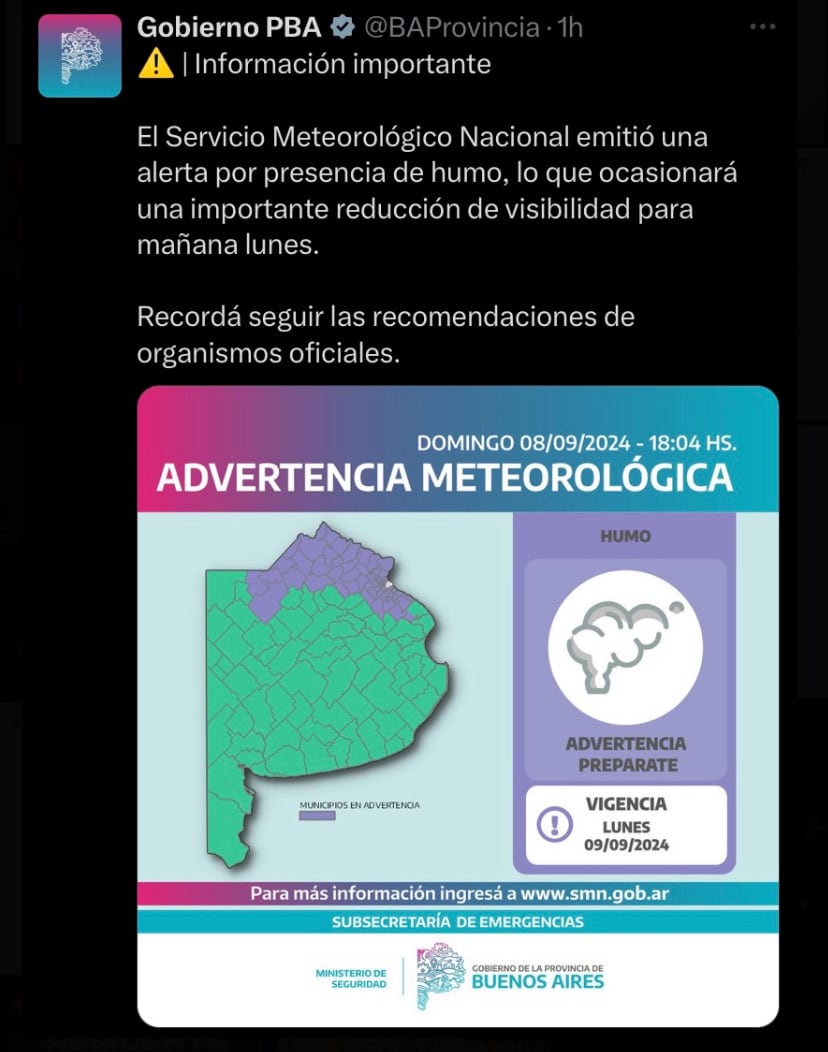 El SMN advirtió sobre presencia de humo en la provincia de Buenos Aires