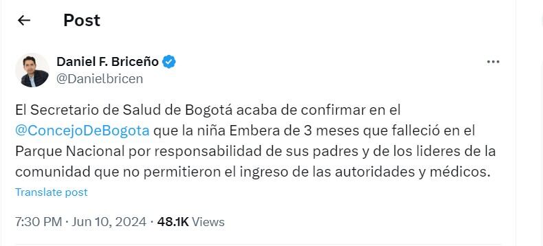 Daniel Briceño comentó acerca de las revelaciones del secretario de salud de Bogotá sobre el fallecimiento de la menor Emberá - crédito @Danielbricen