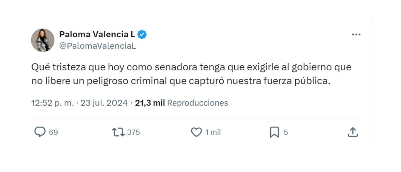 Paloma Valecia y sus críticas al Gobierno por caso de disidentes