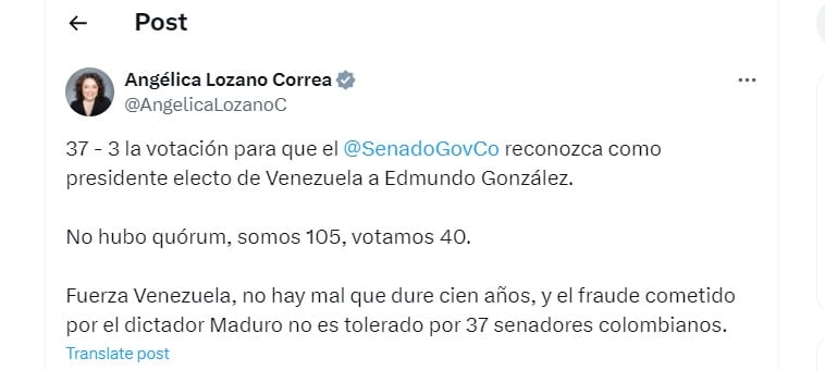 Angélica Lozano lamenta que no hubo quorum para votar iniciativa sobre Edmundo González - crédito @AngelicaLozanoC