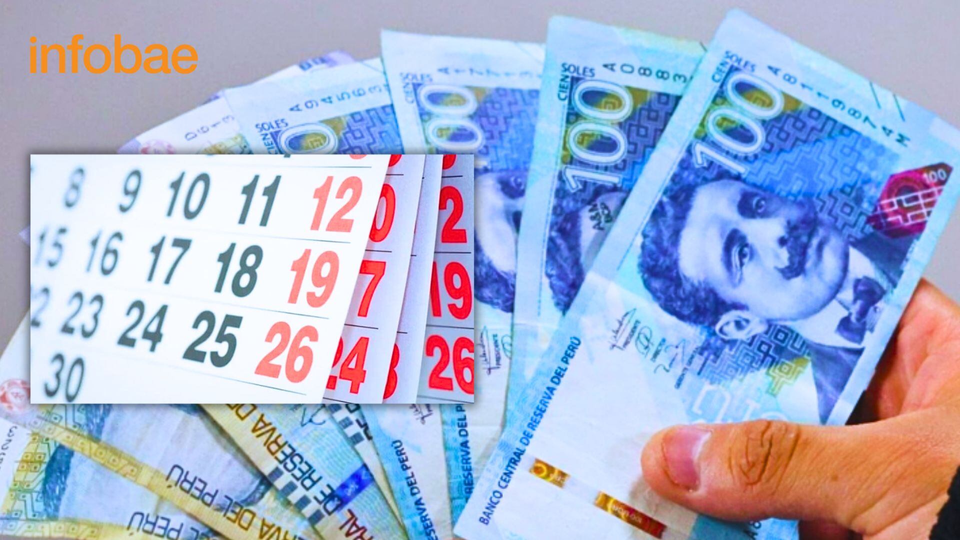 Mano con billetes de 100 soles y imagen genérica de calendario