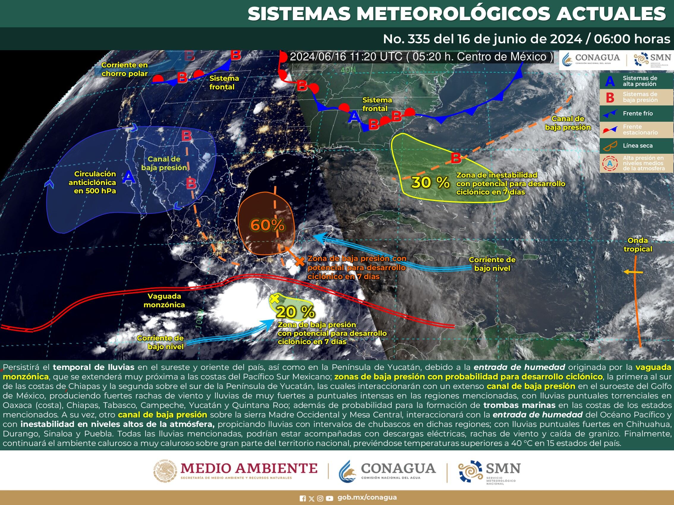 Mapa de los sistemas meteorológicos que influirán el clima de México este domingo 16 de junio