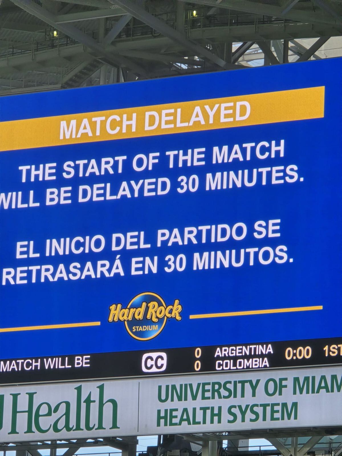 Copa América 2024 - Argentina Colombia -  Comunicación oficial del retraso de 30 minutos