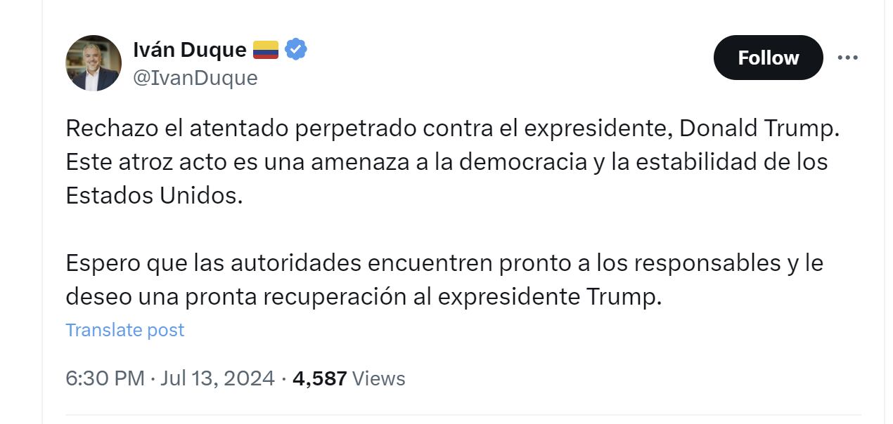 Iván Duque rechazó el atentado perpetrado contra Donald Trump - crédito @IvanDuque/X