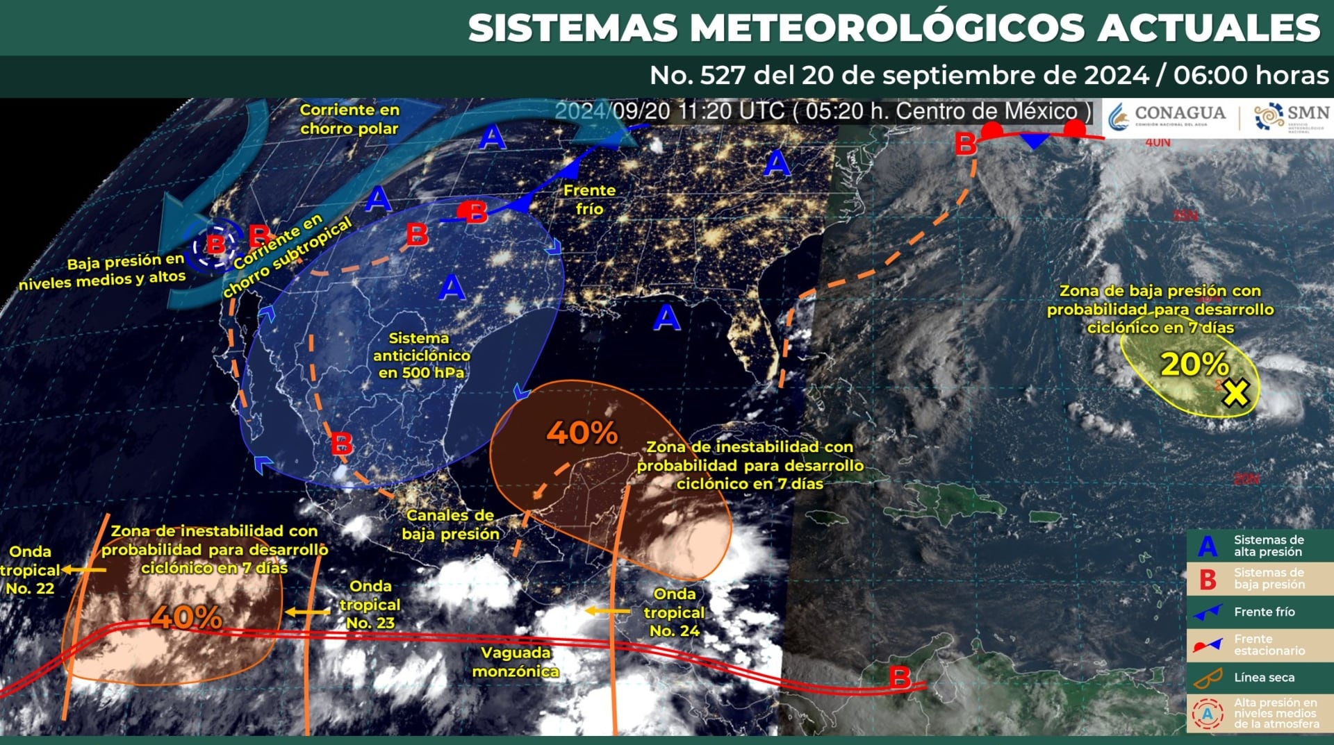 Estos son los sistemas meteorológicos que influirán en el clima de México hoy viernes 20 de septiembre