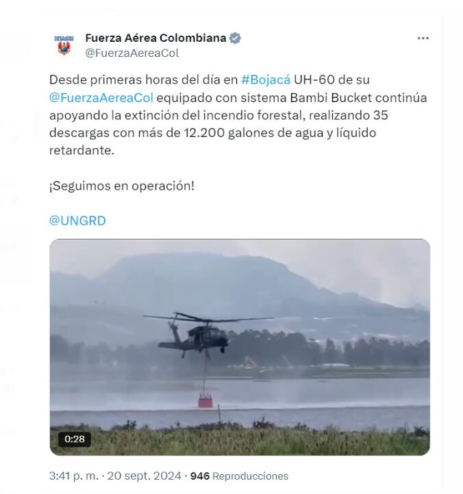 Desde varias entidades se desplegaron helicópteros y personal especializado para atender los incendios en Tolima y Huila - crédito @FuerzaAereaCol/X