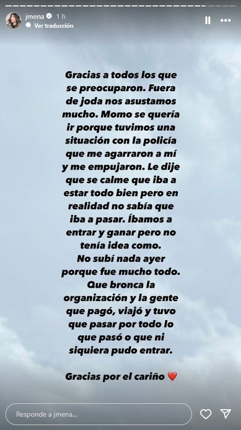 El mensaje de Jimena Barón tras los incidentes que sufrió en la final de la Copa América (Instagram)