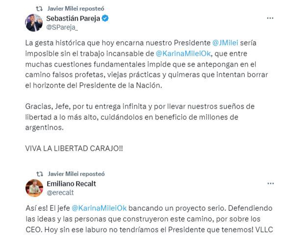 Retuits de Milei por Karina Milei