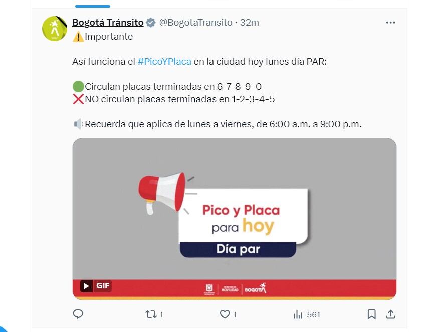 Bogotá Tránsito informa sobre el Pico y placa para el día lunes 8 de julio - crédito @BogotaTransito