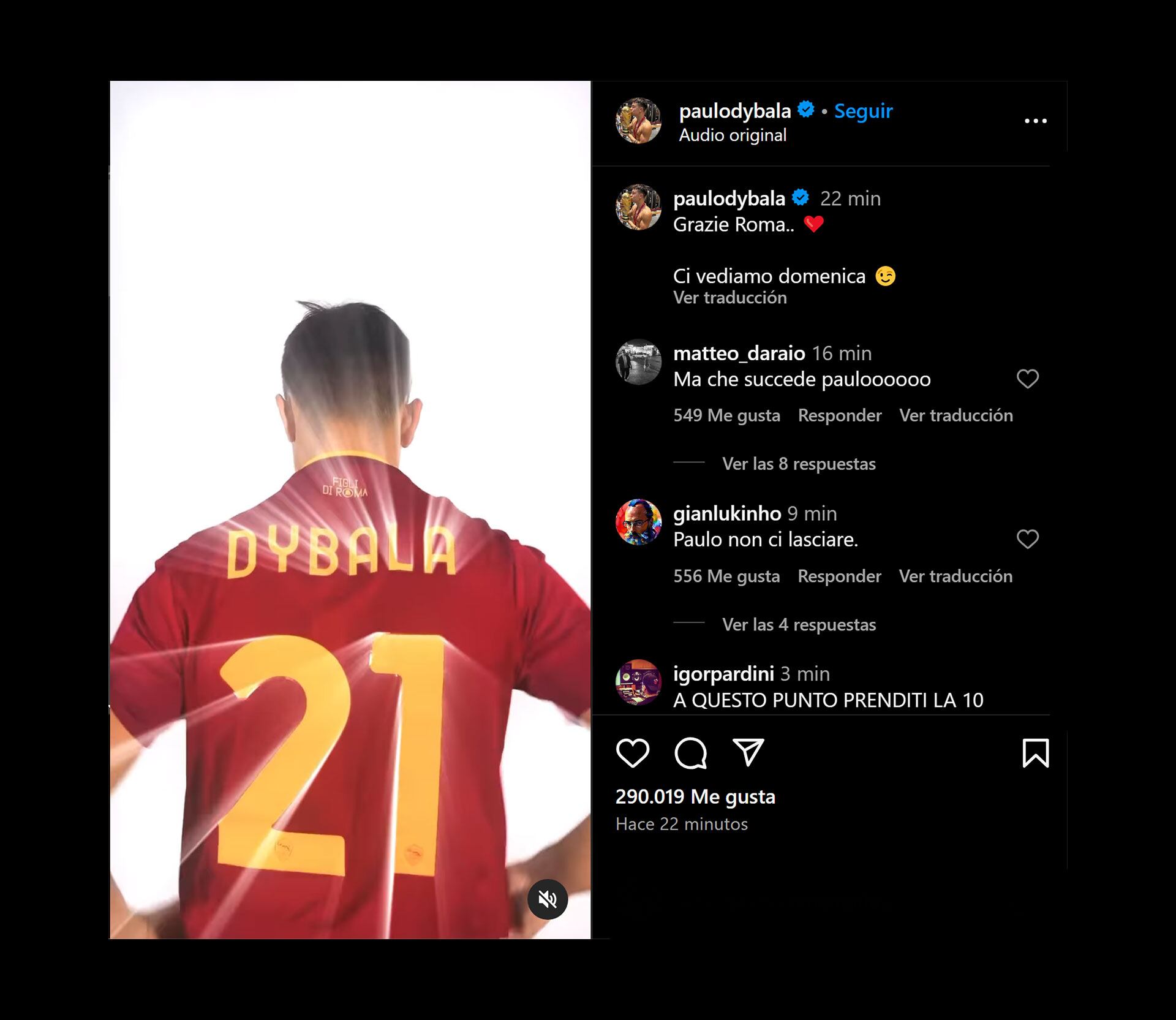 El posteo de Paulo Dybala para la Roma