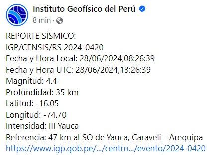 Nueva réplica de sismo en Yauca, Arequipa, de 4.4 grados.