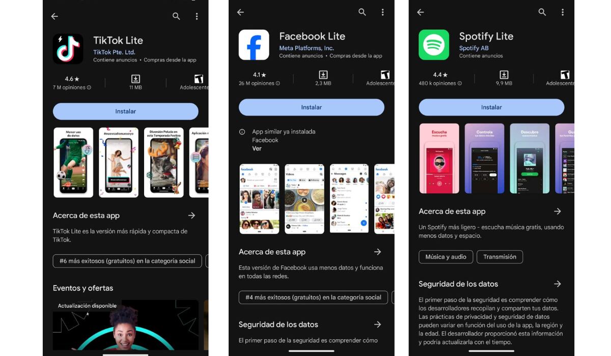 Algunas aplicaciones ampliamente usadas a nivel mundial como TikTok, Facebook y Spotify cuenta con una versión lite. (Play Store)