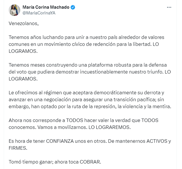 María Corina Machado llamó a los venezolanos a la movilización tras la amenaza de cárcel de Maduro: “Ahora toca cobrar”