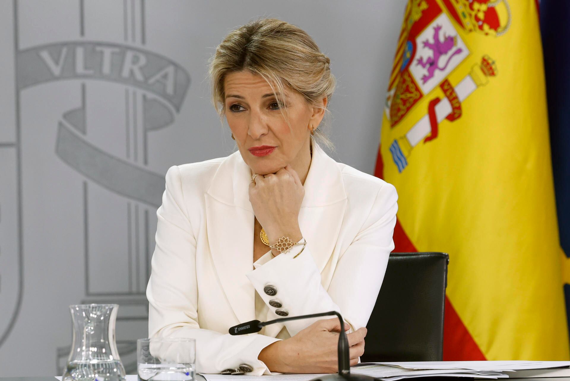 La vicepresidenta segunda y ministra de Trabajo y Economía Social, Yolanda Díaz, tras la reunión del Consejo de Ministros este martes en Madrid. (EFE/ J.J. Guillén).