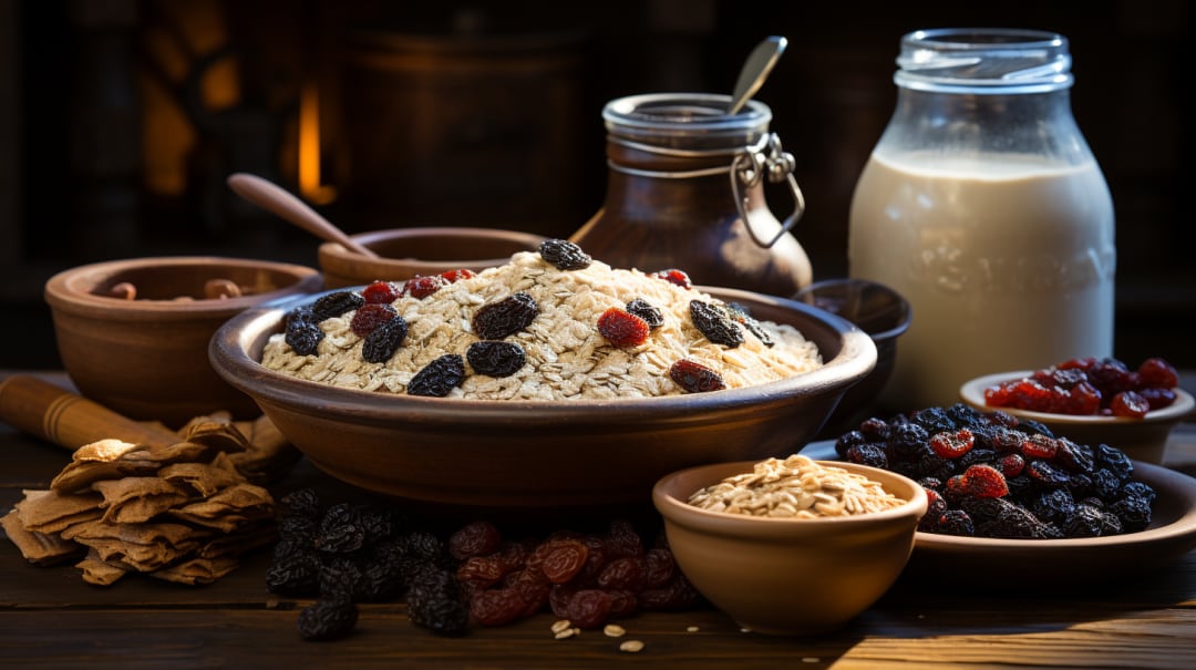 Plato de comida saludable de avena, pasas y canela en barra. Acompañado de frutos secos y hojas de menta fresca (Imagen ilustrativa Infobae)