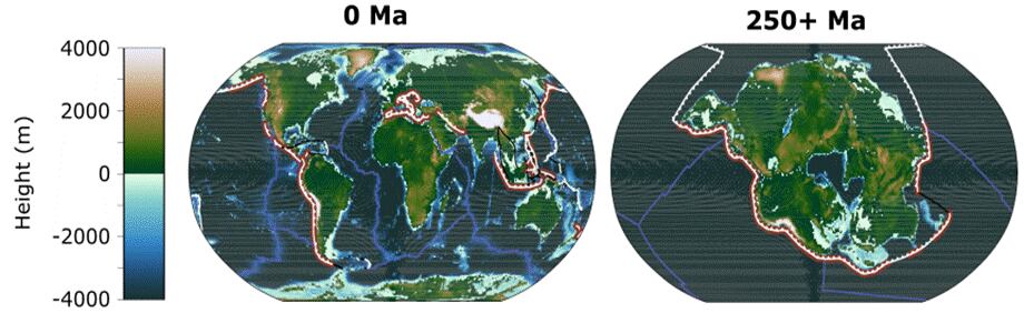 La imagen muestra la geografía de la Tierra actual y la geografía proyectada de la Tierra dentro de 250 millones de años, cuando todos los continentes converjan en un supercontinente (Pangea Ultima).  CRÉDITO Universidad de Bristol