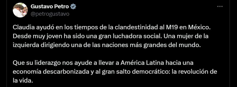 Gustavo Petro y su felicitación a la victoria de  Claudia Sheinbaum - crédito @petrogustavo/X