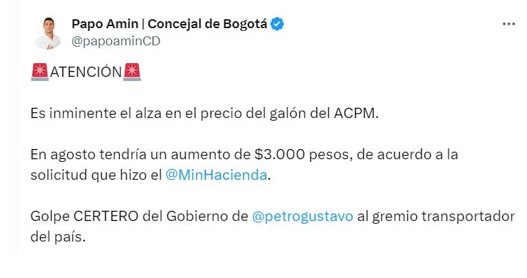 Humberto Amín, concejal de Bogotá, criticó el aumento que vendría para el precio del diésel - crédito @PapoAmin/CD/X