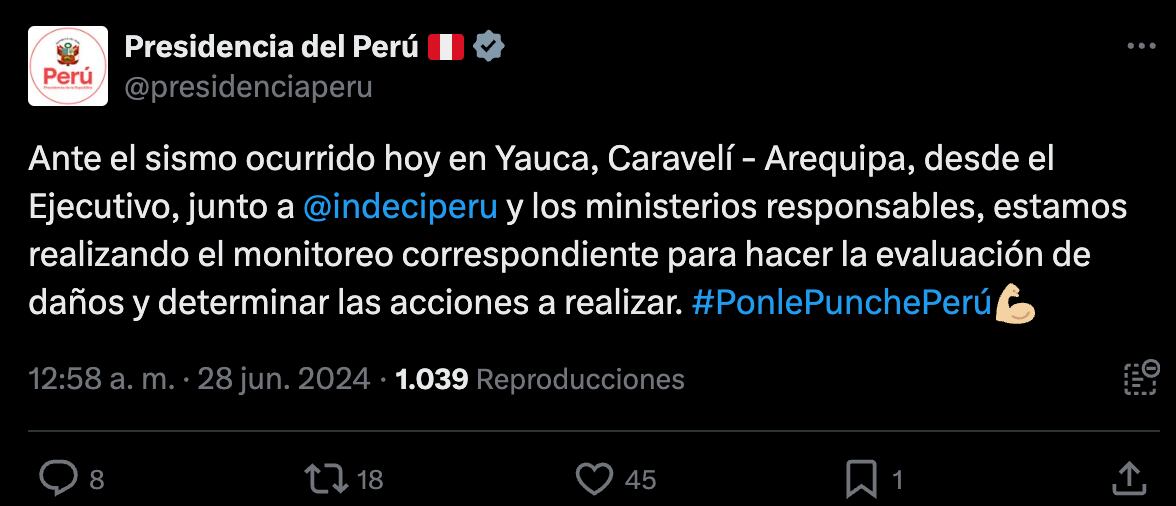 Presidencia del Perú comunica qué acciones toman por fuerte temblor en Arequipa.