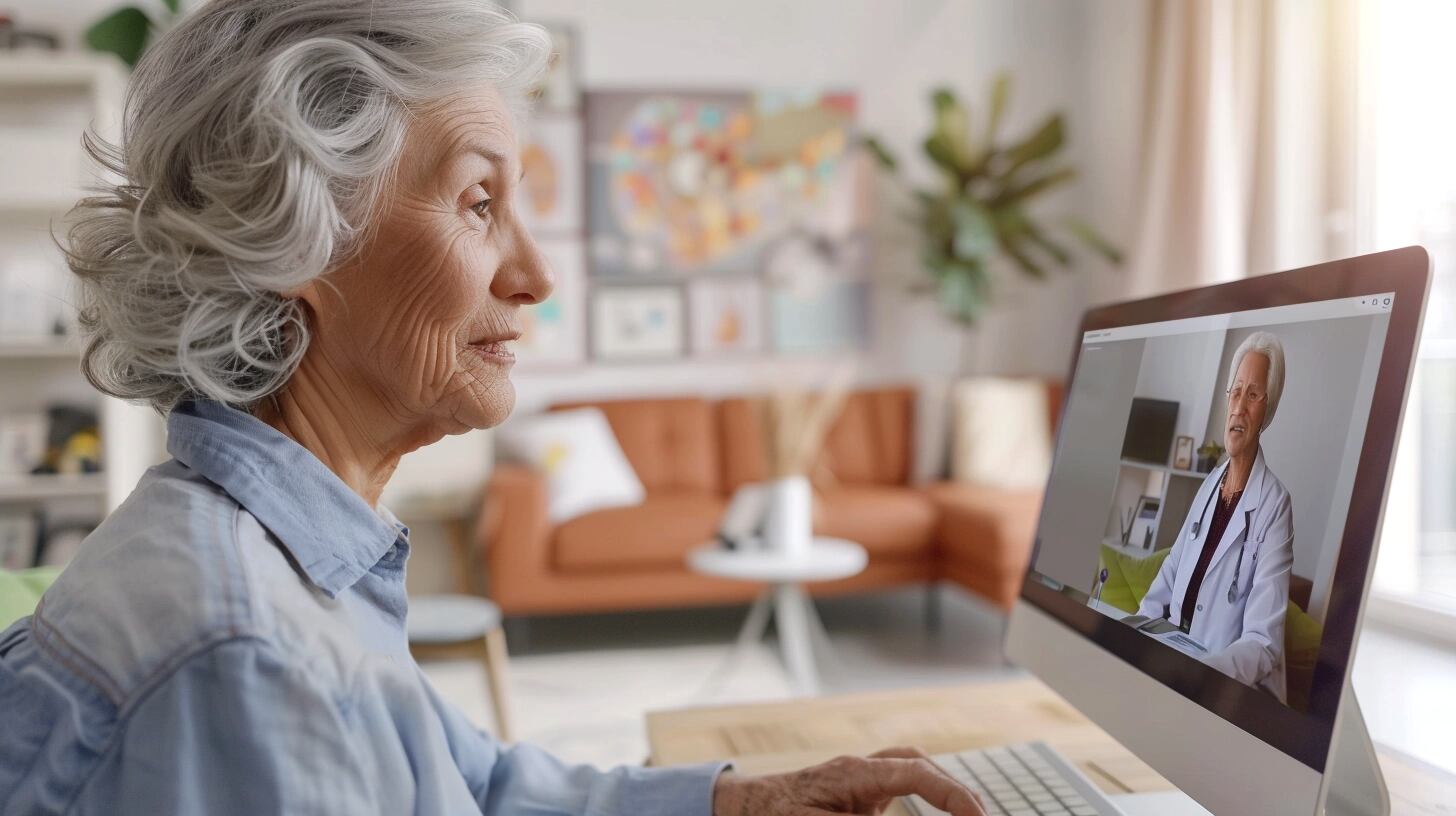 Abuela utilizando su computadora para una videollamada médica, mostrando la integración de la tecnología en el cuidado de la salud para la tercera edad. La consulta virtual con su médico refleja un paso adelante en el acceso a la medicina, asegurando su bienestar desde la comodidad de su hogar. (Imagen ilustrativa Infobae)