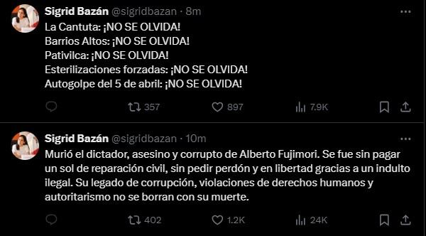 Sigrid Bazán se pronuncia por muerte de Alberto Fujimori y recuerda procesos judiciales inconclusos. (Fuente: X/ @sigridbazan)