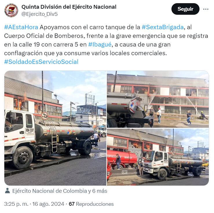 La Quinta División del Ejército Nacional se encuentra ayudando y apoyando al Cuerpo Oficial de Bomberos - crédito @Ejercito_Div5/X