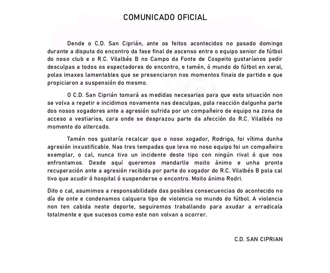 Comunicado del San Ciprián (@CDSCiprian)