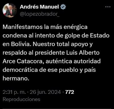 López Obrador respalda al presidente de Bolivia, Luis Alberto Arce Catacora 
 (X/@lopezobrador_)