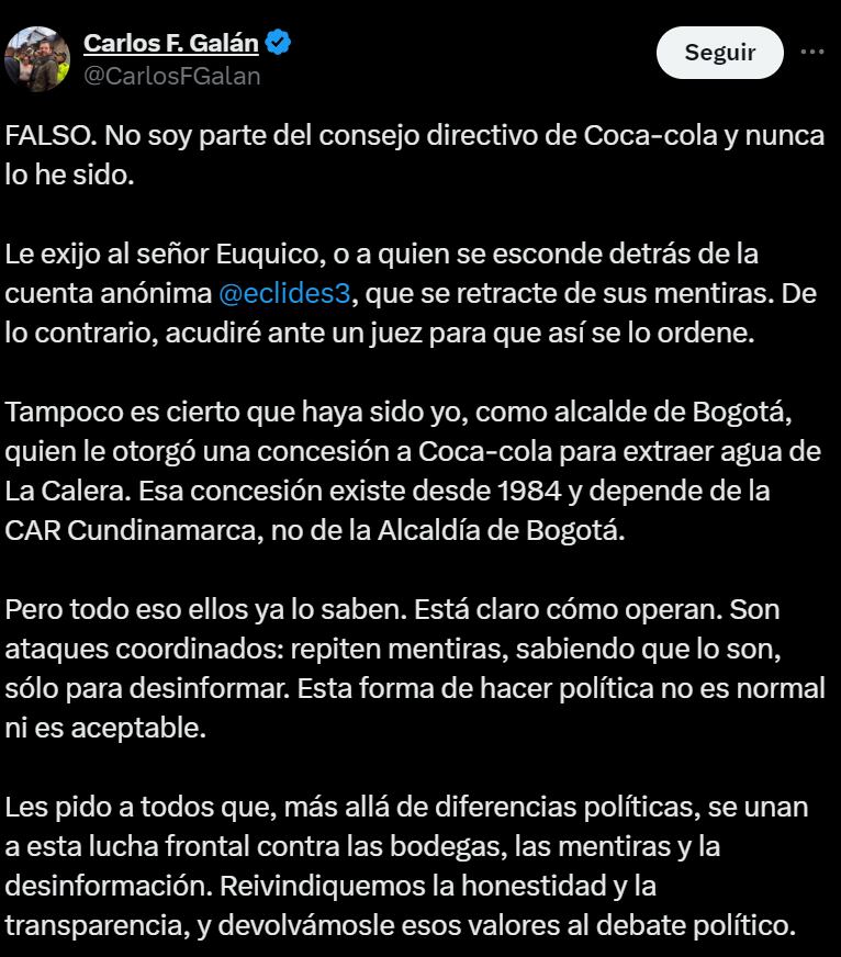 Carlos Fernando Galán emprenderá acciones legales por información falsa que lo relaciona con Coca Cola  - crédito @CarlosFGalan/X