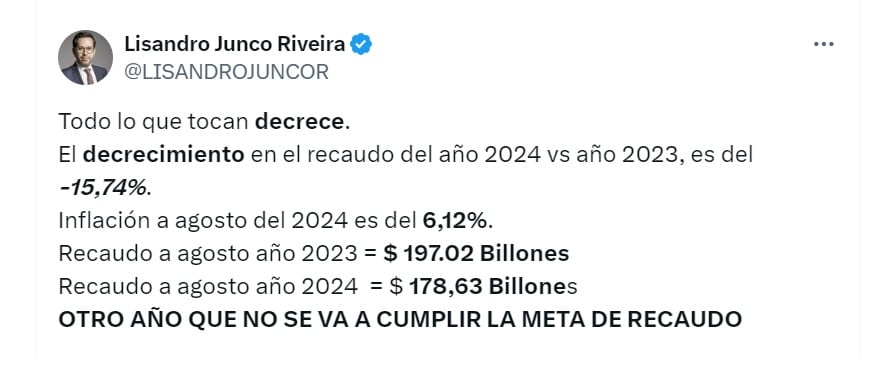 Lisandro Junco, exdirector de la Dian, proyecta que la entidad no cumplirá con la meta de recaudo de 2024 - crédito @LisandroJuncoR/X