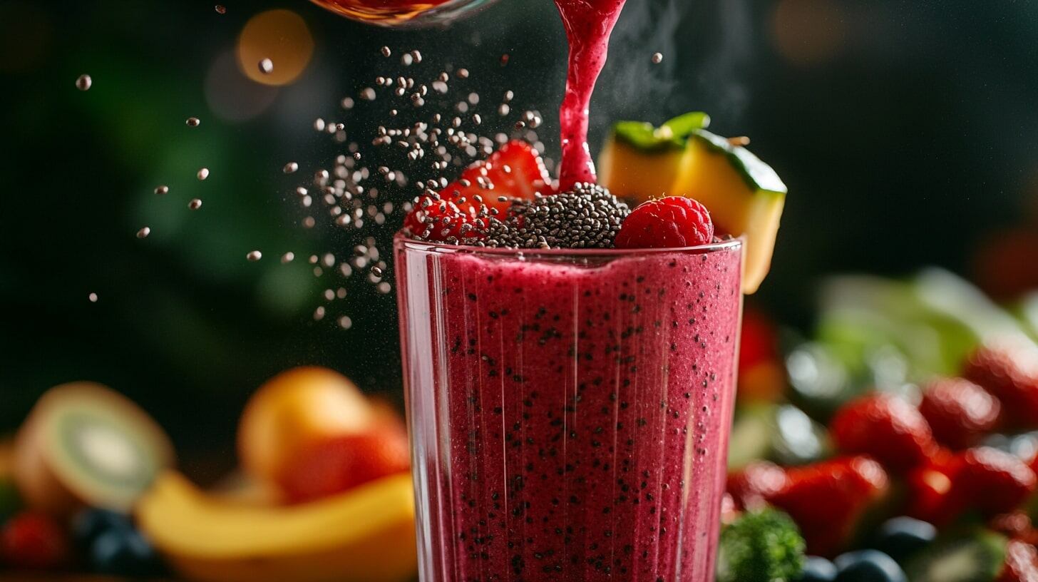 Bebida antioxidante, batido con frutos rojos, semillas de chía, smoothie saludable, desayuno balanceado, energizante, fresas y moras. - (Imagen Ilustrativa Infobae)