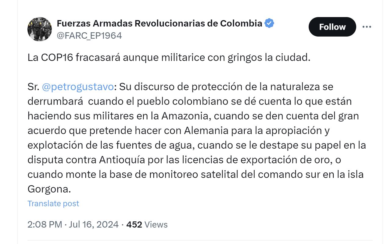 Disidencias de las Farc alertó sobre supuestas acciones del Gobierno Petro que irían en contra de su "discurso de protección de la naturaleza" - crédito @FARC_EP1964/X