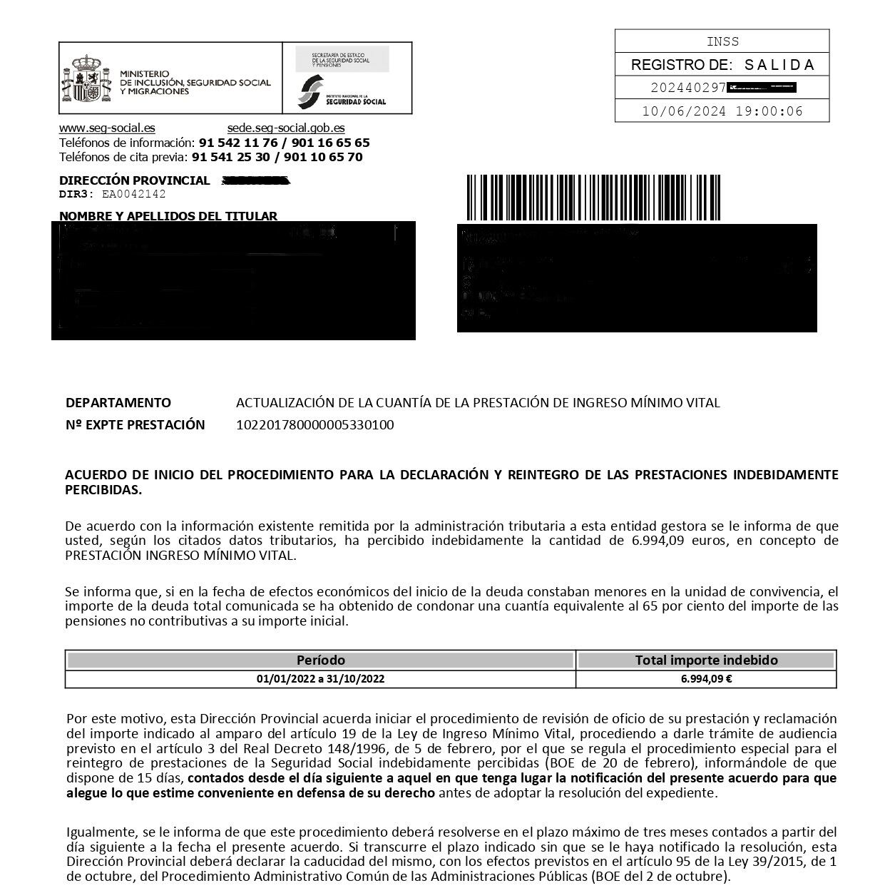 Imagen de la carta que la Seguridad Social ha enviado a Alicia para reclamarle casi 7.000 euros. (Cedida por la afectada a Infobae)