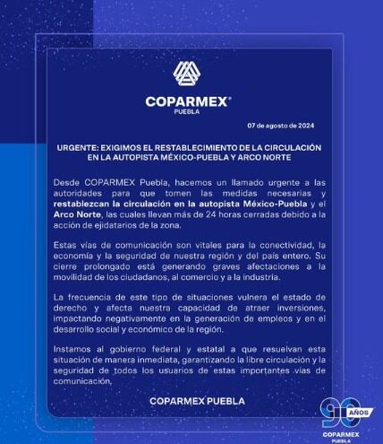 El gremio patronal instó al gobierno federal a liberar la circulación, que cumple 24 horas paralizada.