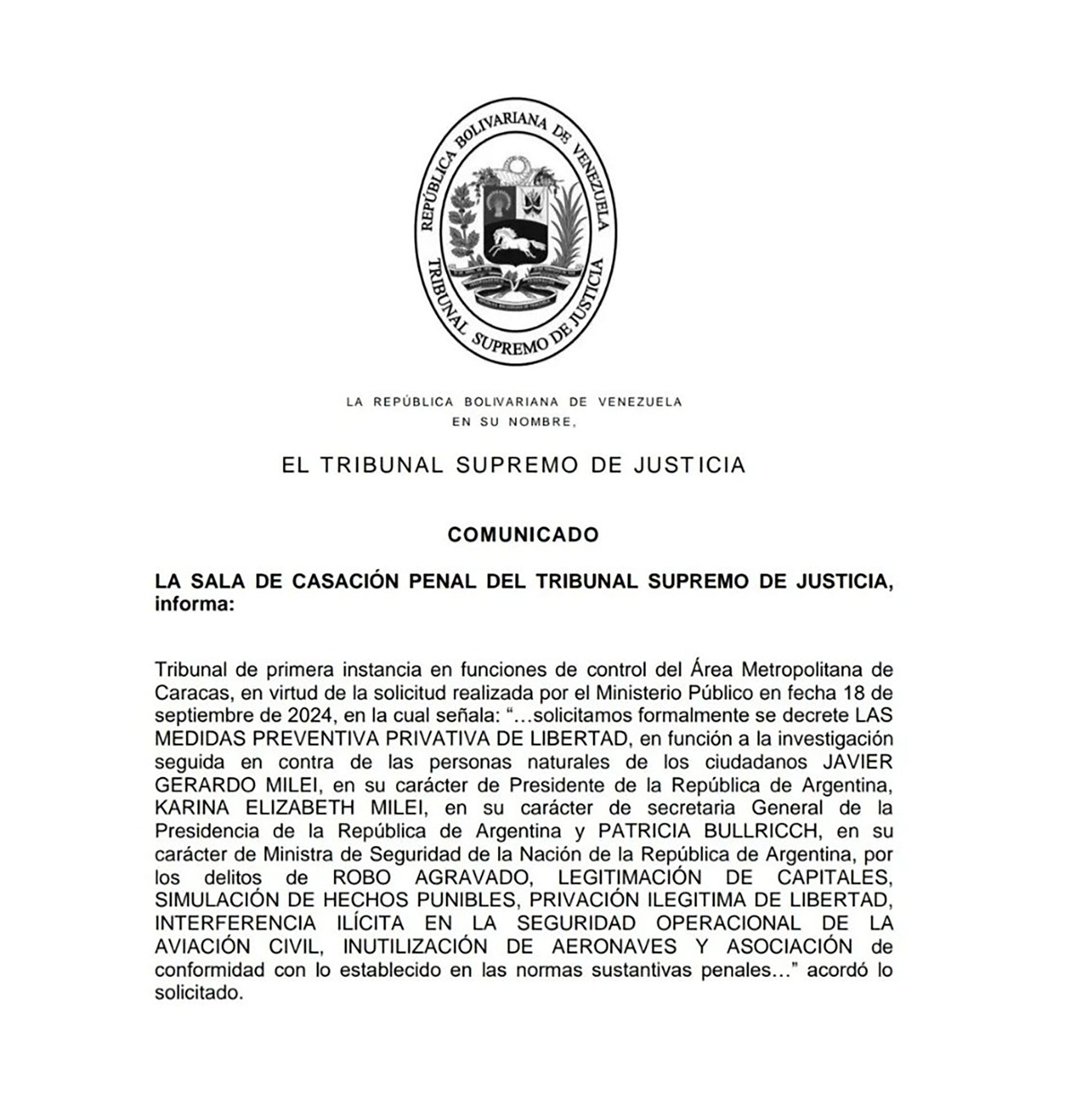 La Justicia del régimen de Maduro aprobó la orden de captura contra el presidente argentino Javier Milei