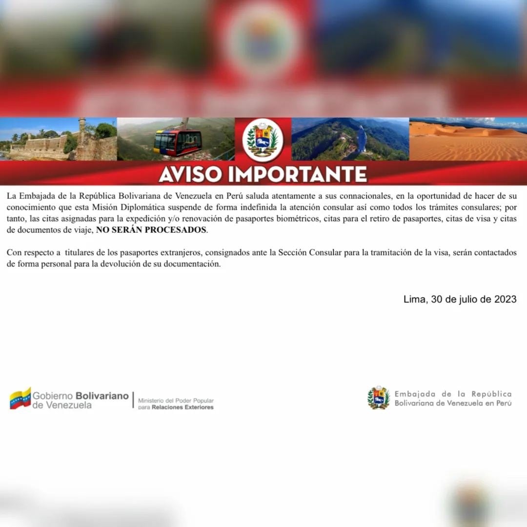 Comunicado de la embajada de Venezuela en Perú donde indica la suspensión de su atención en nuestro país