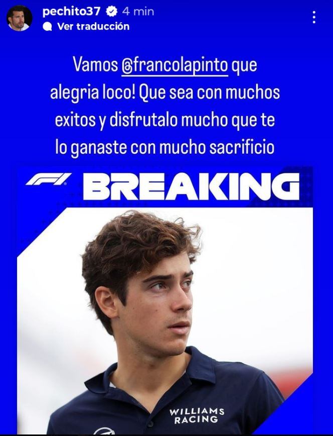 Pechito López se expresó en redes tras conocer que Franco Colapinto correrá en la F1