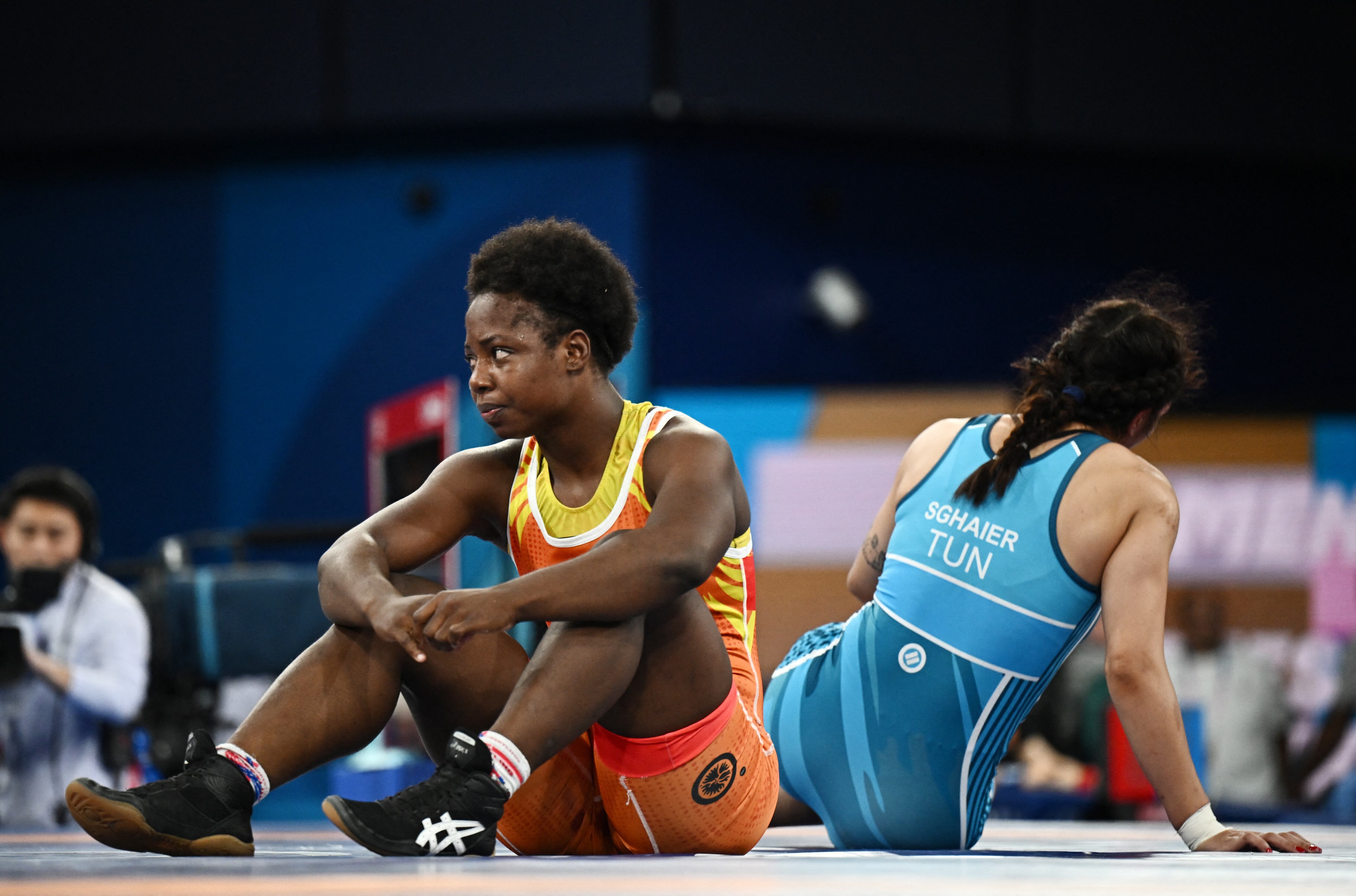 Paris 2024 Olympics - Wrestling - Women's Freestyle 76kg 1/8 Final - Champ de Mars Arena, Paris, France - August 10, 2024. Tatiana Renteria Renteria of Colombia reacts after winning the match against Zaineb Sghaier of Tunisia. REUTERS/Arlette Bashizi