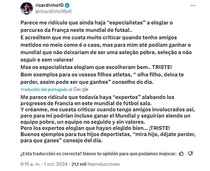 Ricardinho lapidario con Francia