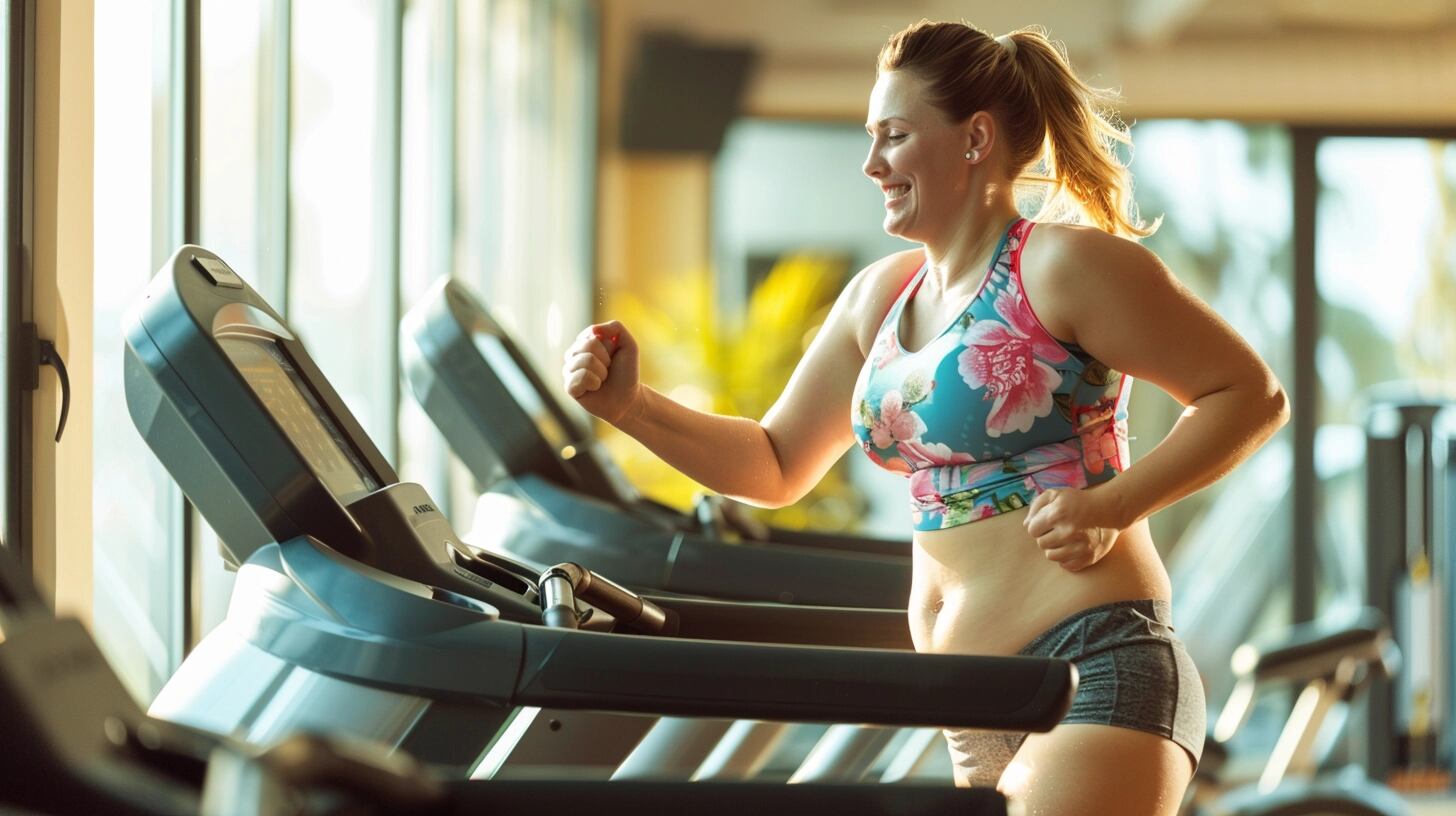 Una mujer con sobrepeso disfruta de una sesión de ejercicio en el gimnasio, corriendo felizmente en una cinta de correr. La imagen muestra a una mujer corriendo con una sonrisa en su rostro, demostrando que el ejercicio puede ser una parte agradable y saludable de la vida, incluso para aquellos que luchan con el sobrepeso. La obesidad es un problema de salud que puede ser abordado con cambios en la dieta y el ejercicio regular. (Imagen ilustrativa Infobae)