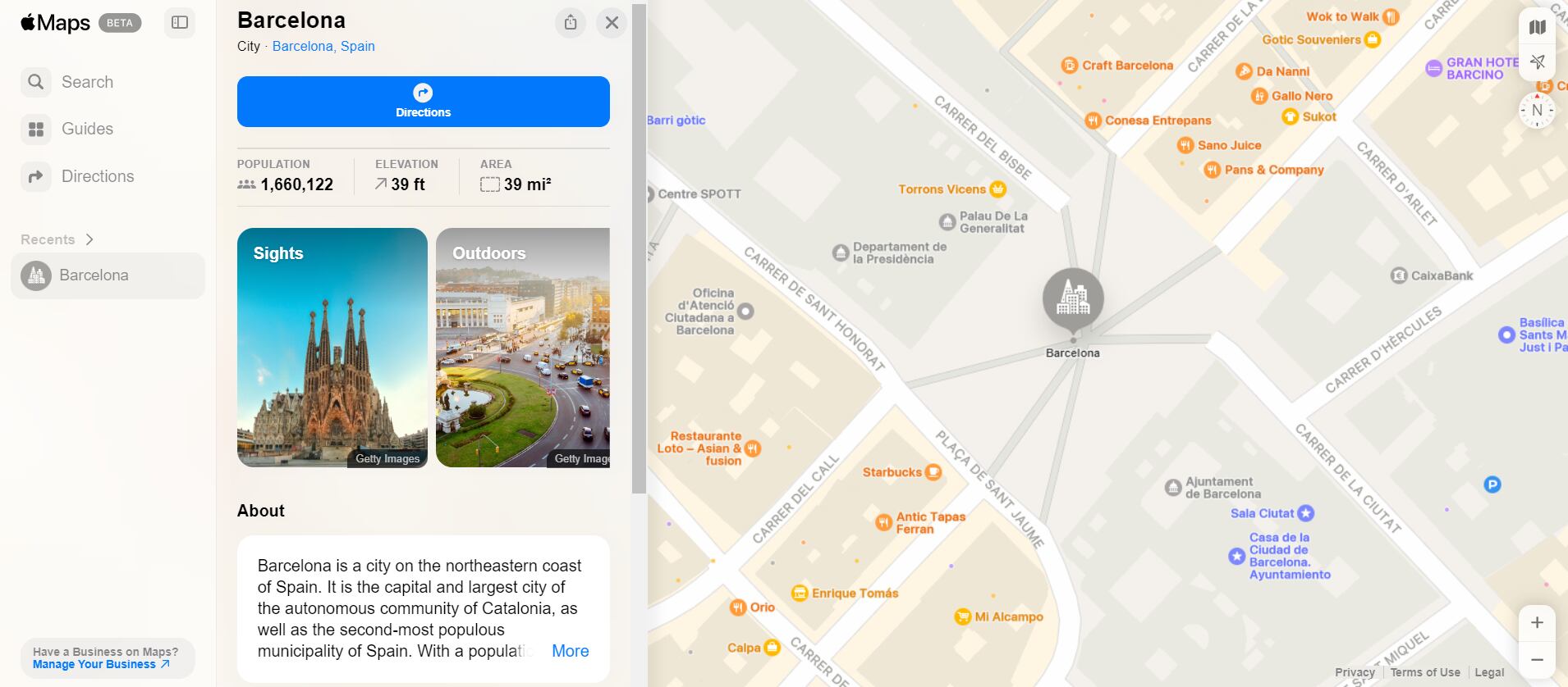 Al buscar ciudades turísticas, Maps ofrece un vista previa de los lugares más destacados.  (Apple Maps)