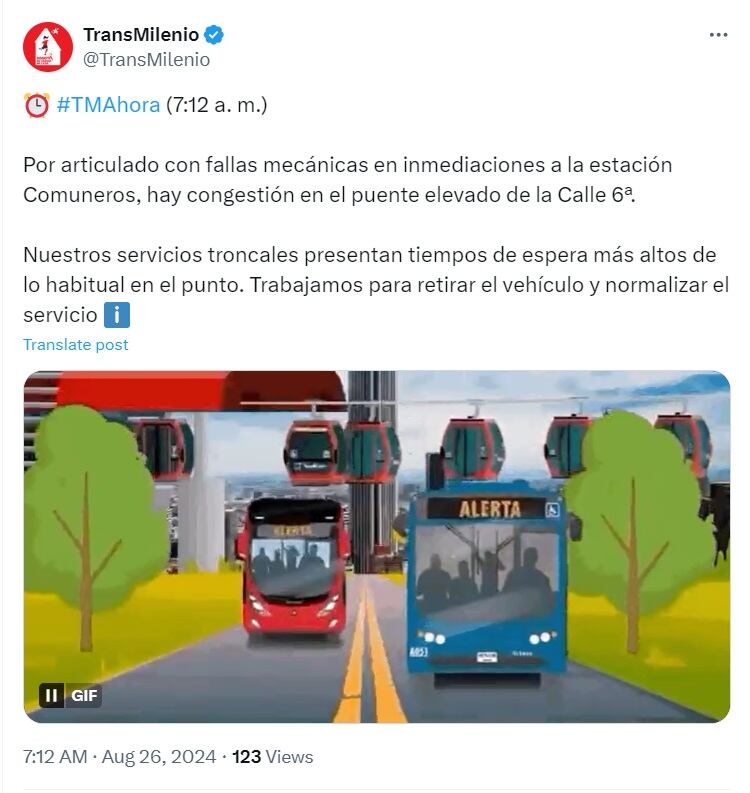 Fallas mecánicas de un articulado de transmilenio ha generado retrasos en los servicios del sistema de transporte de la capital - crédito @TransMilenio/X