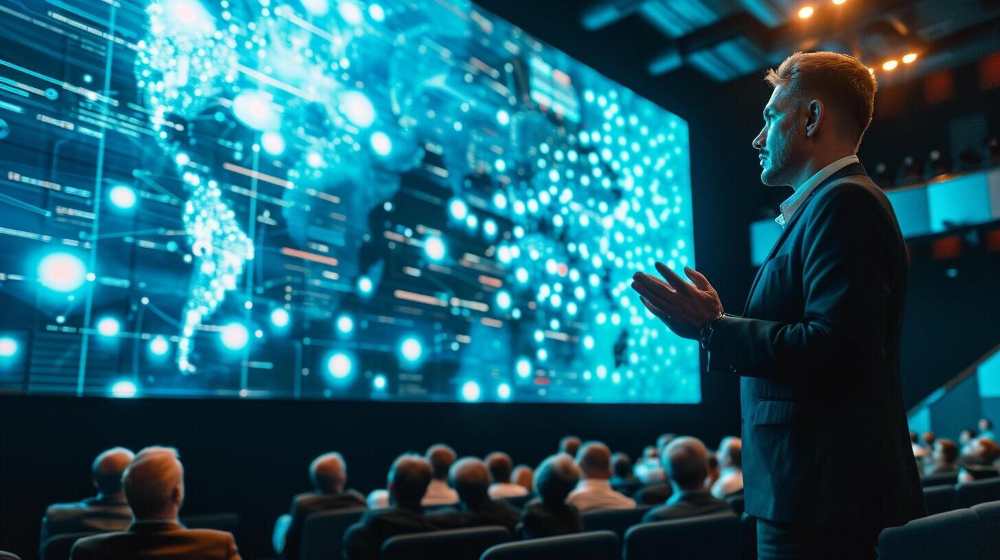 Profesional exponiendo en un auditorio sobre inteligencia artificial, con la audiencia atenta a su presentación. La fotografía ilustra la relevancia de compartir y discutir avances en tecnología, ciencia e investigación, y cómo los eventos como conferencias son vitales para la comunidad científica y tecnológica. (Imagen ilustrativa Infobae)